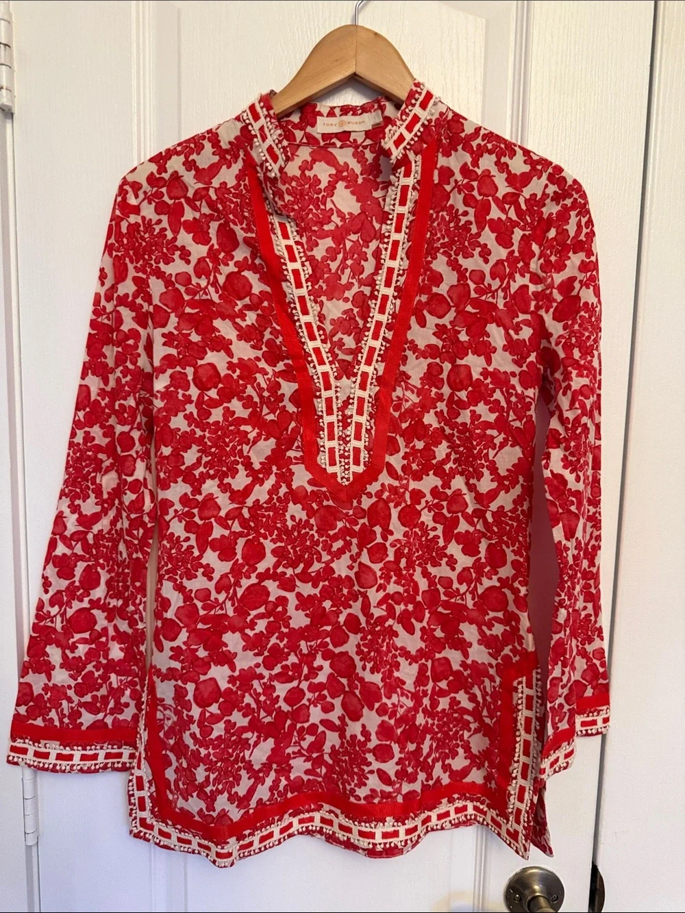 Tory Burch Womens Tunic Top Red Floral Beaded Lattice Resort Coas